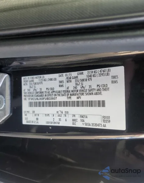 2015 Ford Escape Titanium из США, поврежденный, VIN 1FMCU9JX0FUB33937